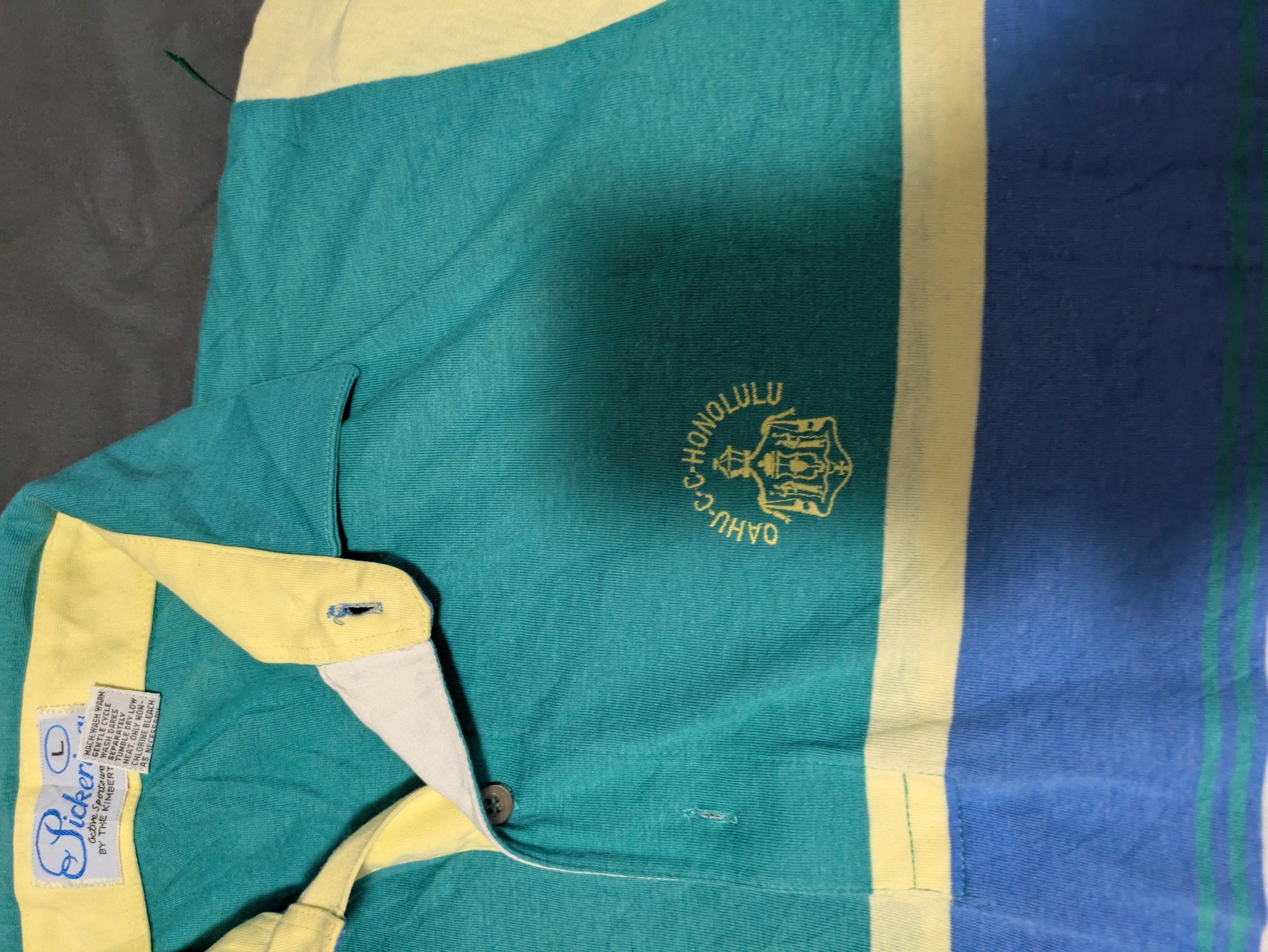 Pickering Oahu Country Club Honolulu Teal Striped Polo Shirt Men's L — 4. detail