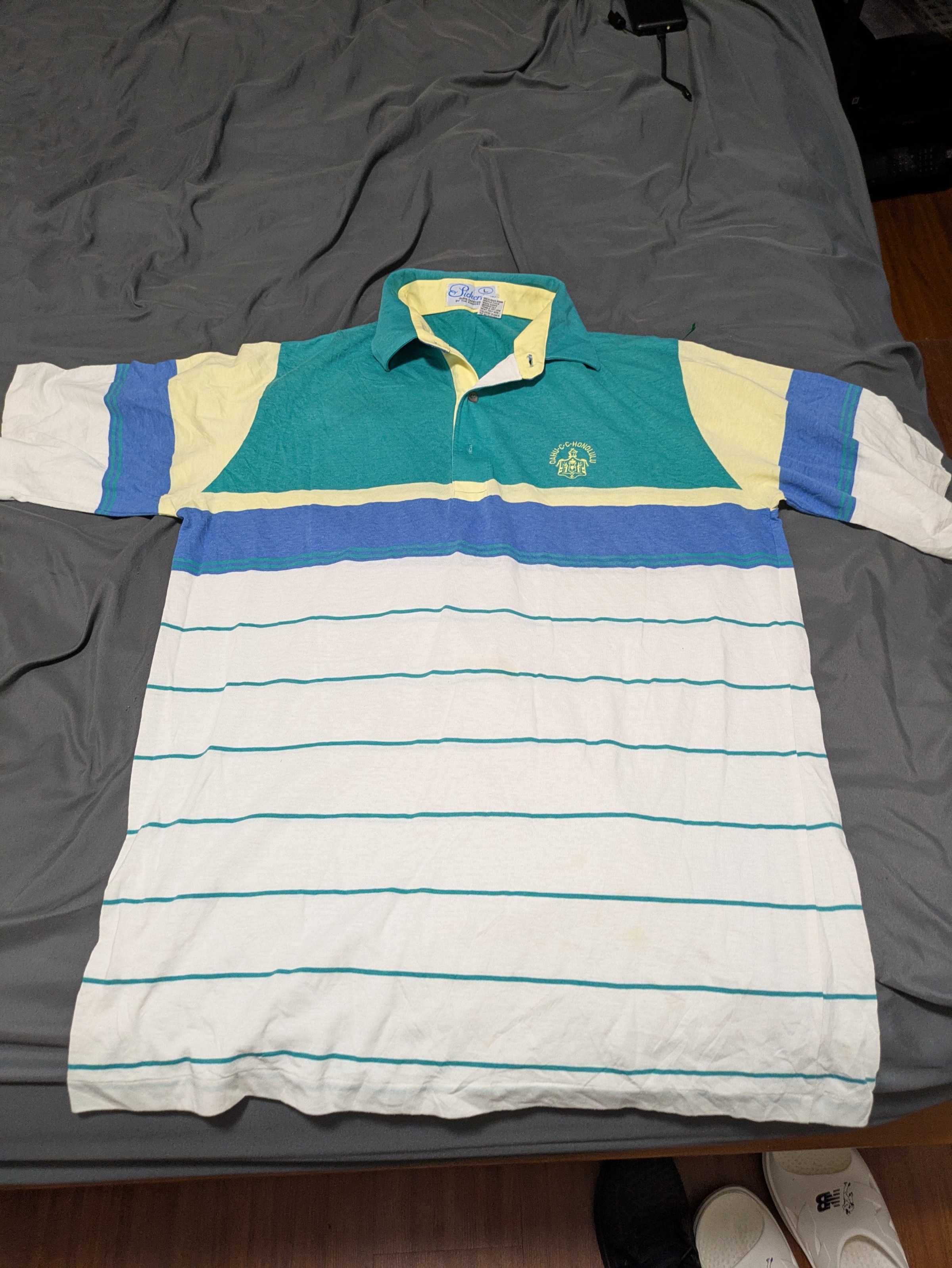 Pickering Oahu Country Club Honolulu Teal Striped Polo Shirt Men's L — 1. front